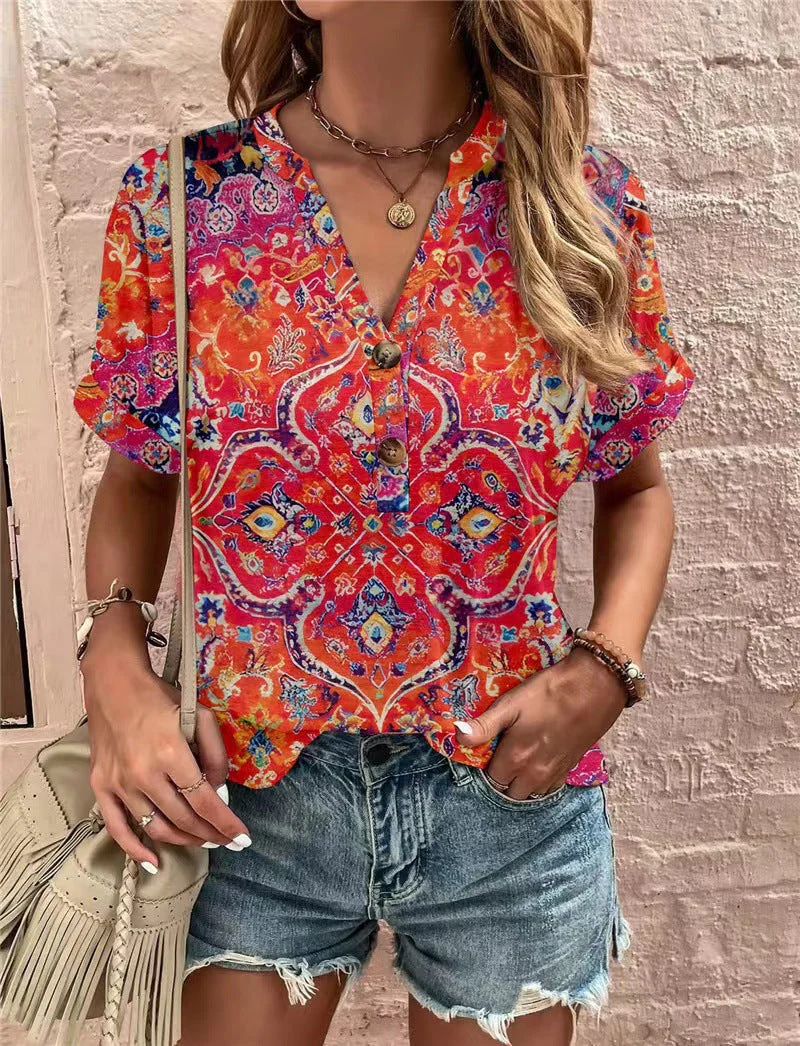 Damen Kurzarm Bluse mit Dekorativem Musterdruck und Knöpfbarem Ausschnitt Heidi-Mode - Image 7