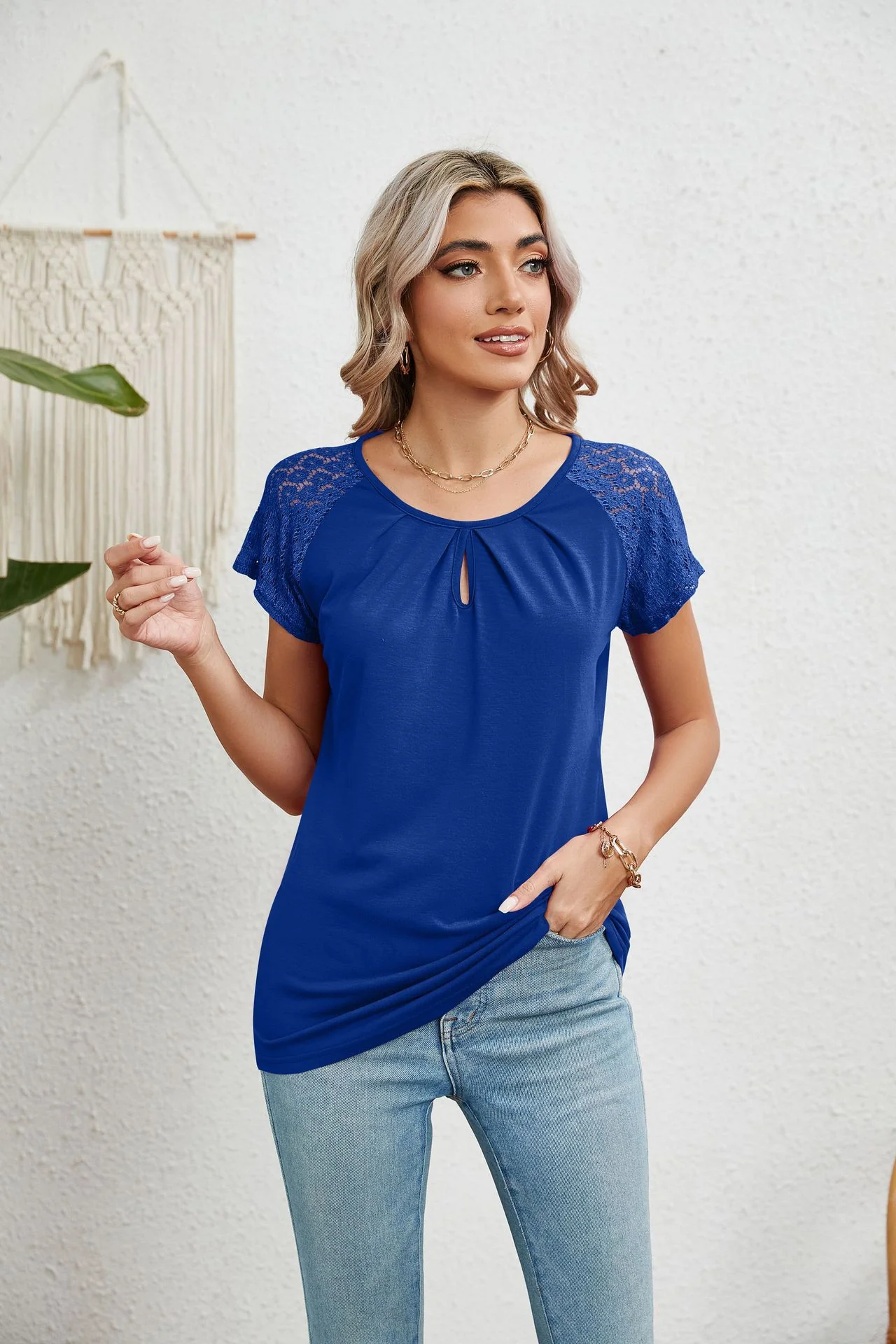 Damen Kurzarm-Bluse mit Spitzenärmeln Heidi-Mode - Image 6
