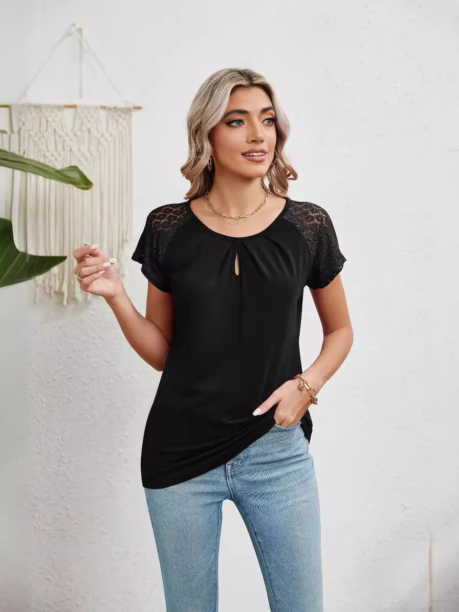 Damen Kurzarm-Bluse mit Spitzenärmeln Heidi-Mode - Image 7