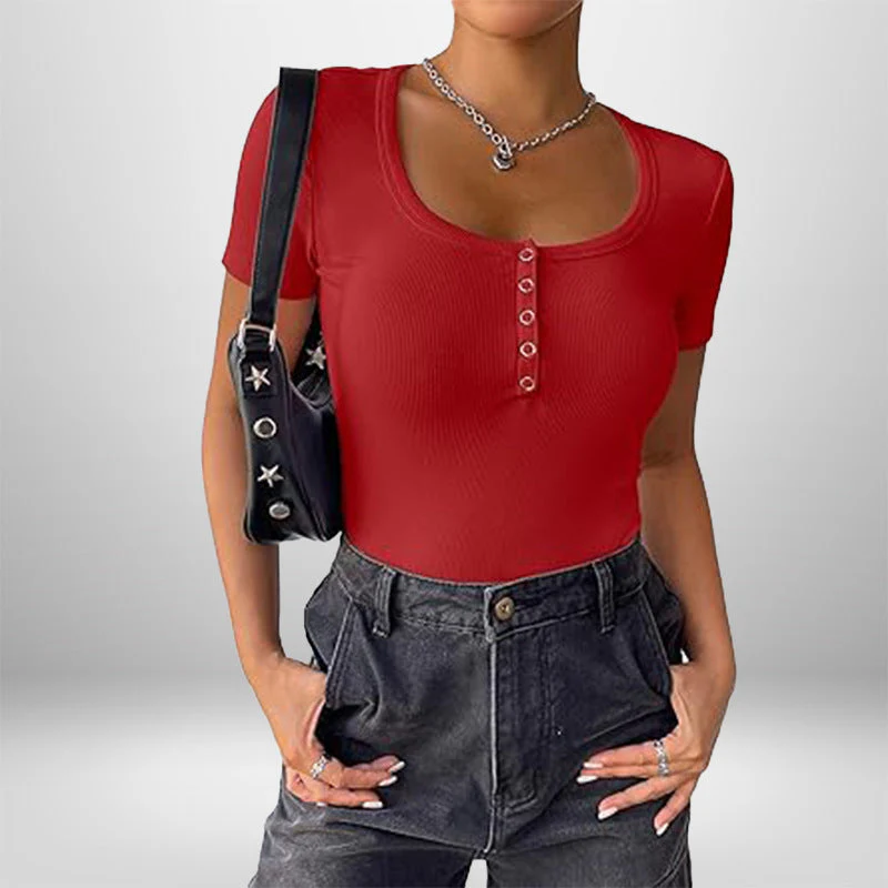 Damen Kurzarm Bodysuit mit Knopfdetails und Figurbetonter Silhouette Heidi-Mode - Image 14