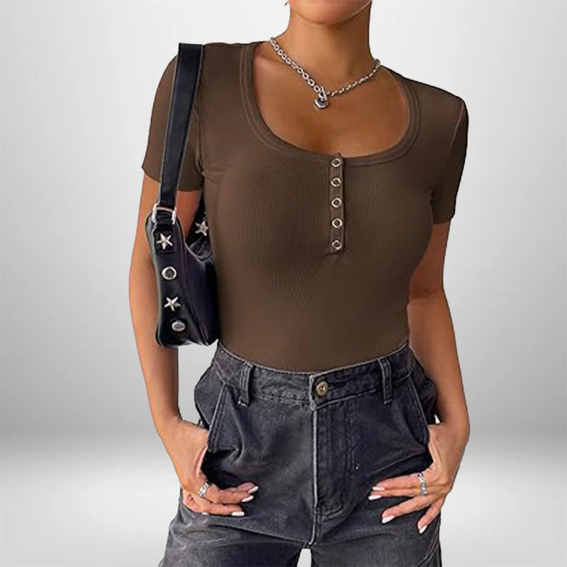 Damen Kurzarm Bodysuit mit Knopfdetails und Figurbetonter Silhouette Heidi-Mode - Image 16