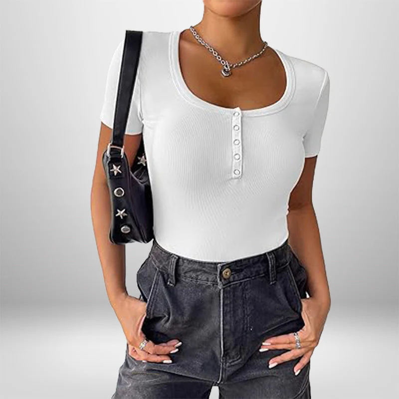 Damen Kurzarm Bodysuit mit Knopfdetails und Figurbetonter Silhouette Heidi-Mode - Image 2