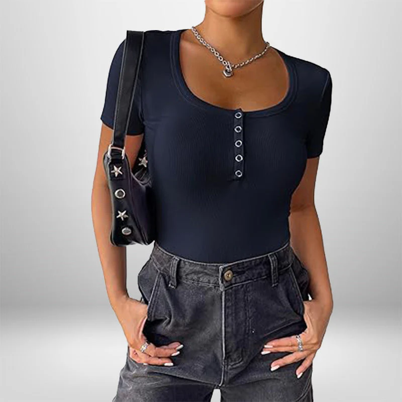 Damen Kurzarm Bodysuit mit Knopfdetails und Figurbetonter Silhouette Heidi-Mode - Image 3