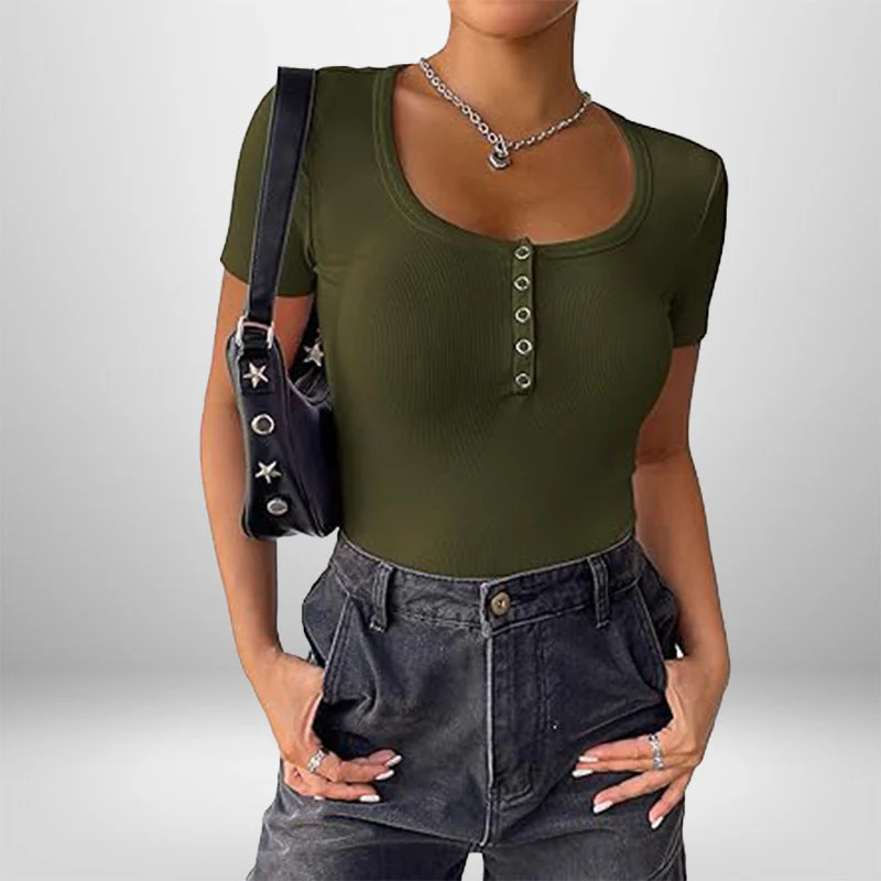 Damen Kurzarm Bodysuit mit Knopfdetails und Figurbetonter Silhouette Heidi-Mode - Image 9