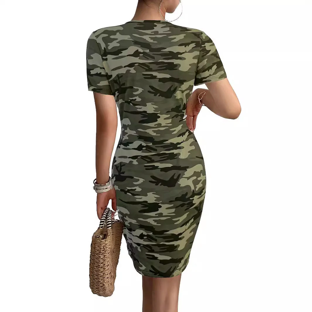 Damen Kurzarm Kleid Im Angesagten Camouflage-Stil mit Figurbetontem Schnitt und V-Ausschnitt Heidi-Mode - Image 2