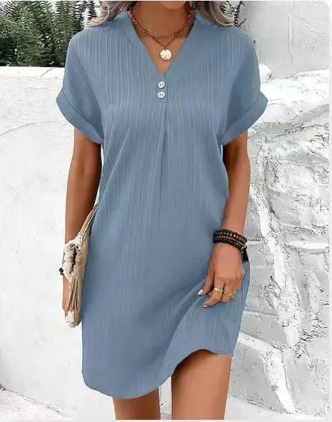 Damen Kurzarm Kleid mit Knopfleiste und Feinem Längsstreifenmuster Heidi-Mode - Image 7