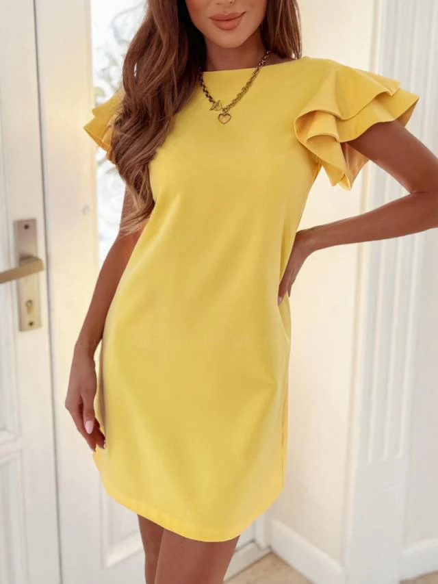 Damen Kurzarm Kleid mit Rüschenärmeln und Geradem Schnitt Heidi-Mode - Image 5