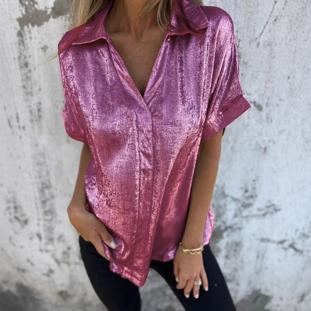 Damen Kurzarm-Seidenbluse mit Elegantem Glanz und Modischem Revers Heidi-Mode - Image 3