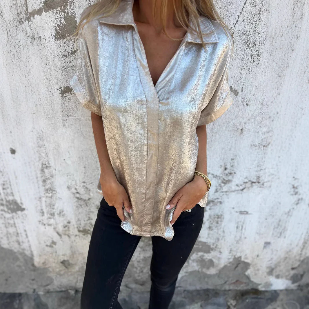 Damen Kurzarm-Seidenbluse mit Elegantem Glanz und Modischem Revers Heidi-Mode - Image 4