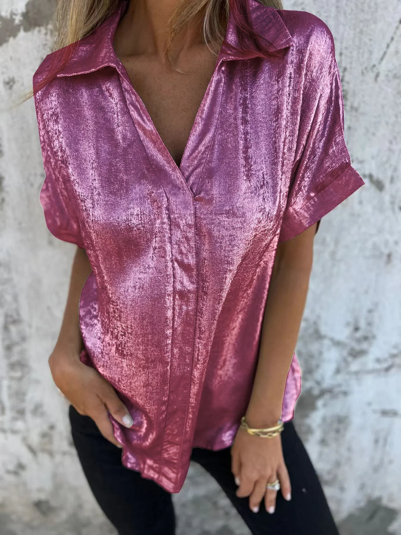 Damen Kurzarm-Seidenbluse mit Elegantem Glanz und Modischem Revers Heidi-Mode - Image 7
