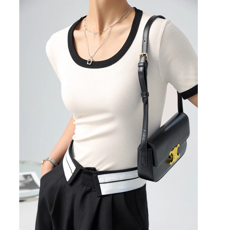 Damen Kurzärmliges Shirt mit Geometrischem Rippdesign und Kontrastdetails Heidi-Mode - Image 10