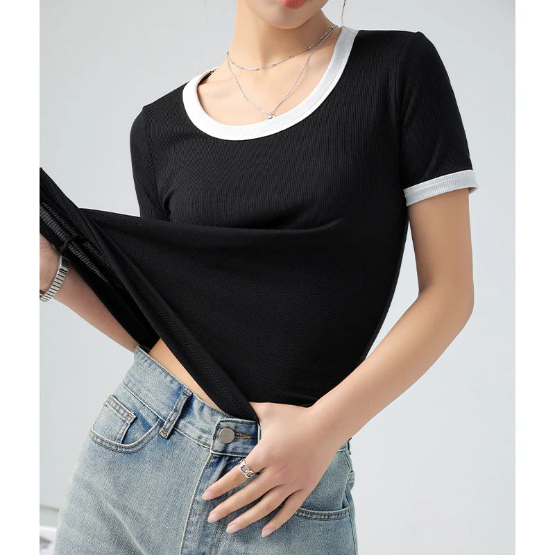 Damen Kurzärmliges Shirt mit Geometrischem Rippdesign und Kontrastdetails Heidi-Mode - Image 3