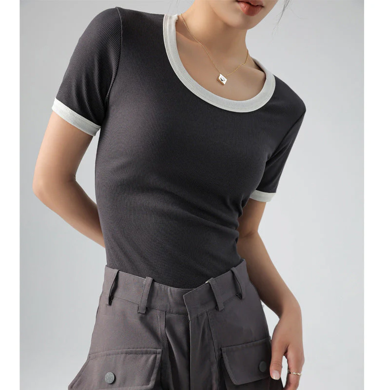 Damen Kurzärmliges Shirt mit Geometrischem Rippdesign und Kontrastdetails Heidi-Mode - Image 7