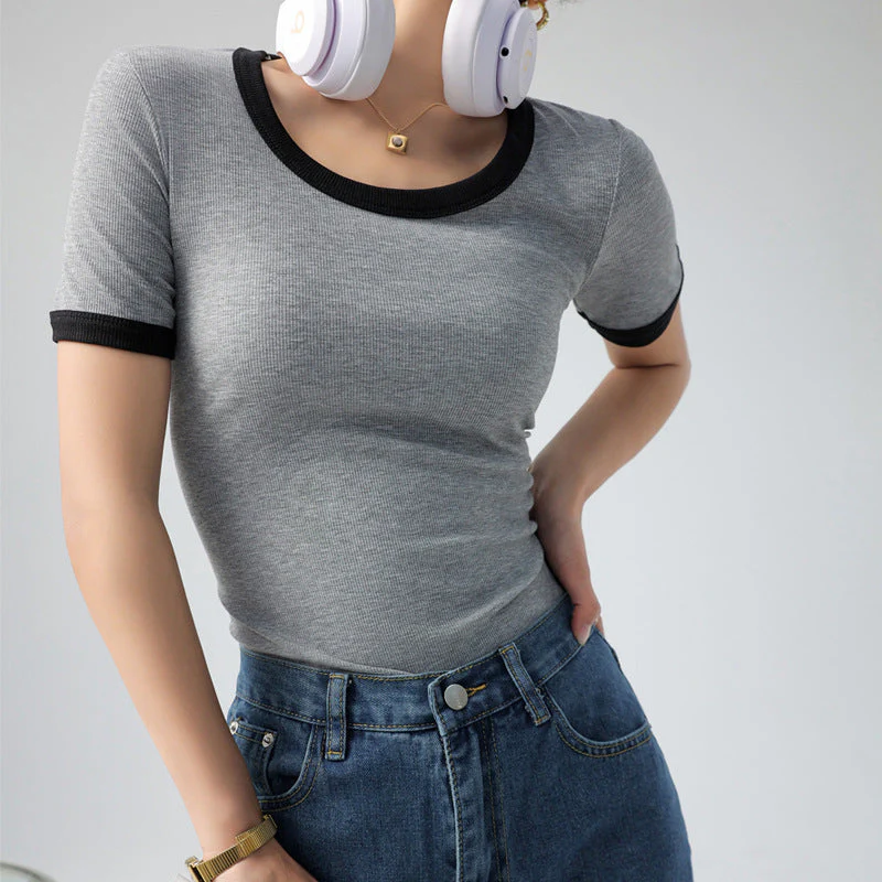 Damen Kurzärmliges Shirt mit Geometrischem Rippdesign und Kontrastdetails Heidi-Mode - Image 8