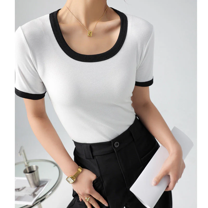 Damen Kurzärmliges Shirt mit Geometrischem Rippdesign und Kontrastdetails Heidi-Mode - Image 9