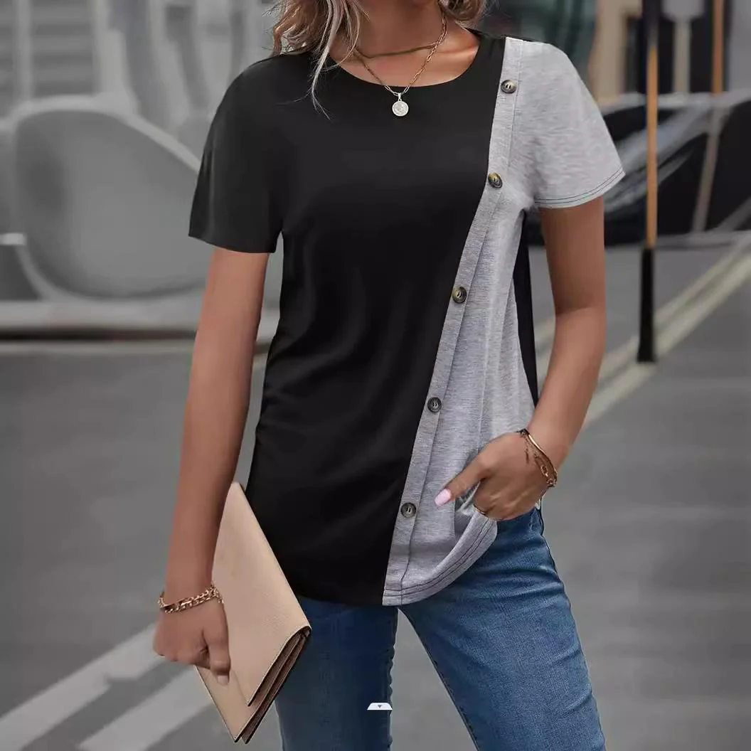Damen kurzärmliges T-Shirt mit asymmetrischem Design und Knopfdetails Heidi-Mode - Image 4
