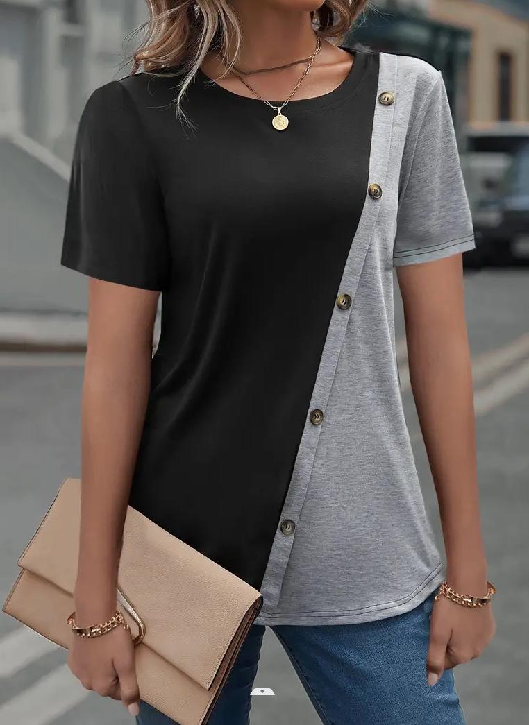 Damen kurzärmliges T-Shirt mit asymmetrischem Design und Knopfdetails Heidi-Mode - Image 6