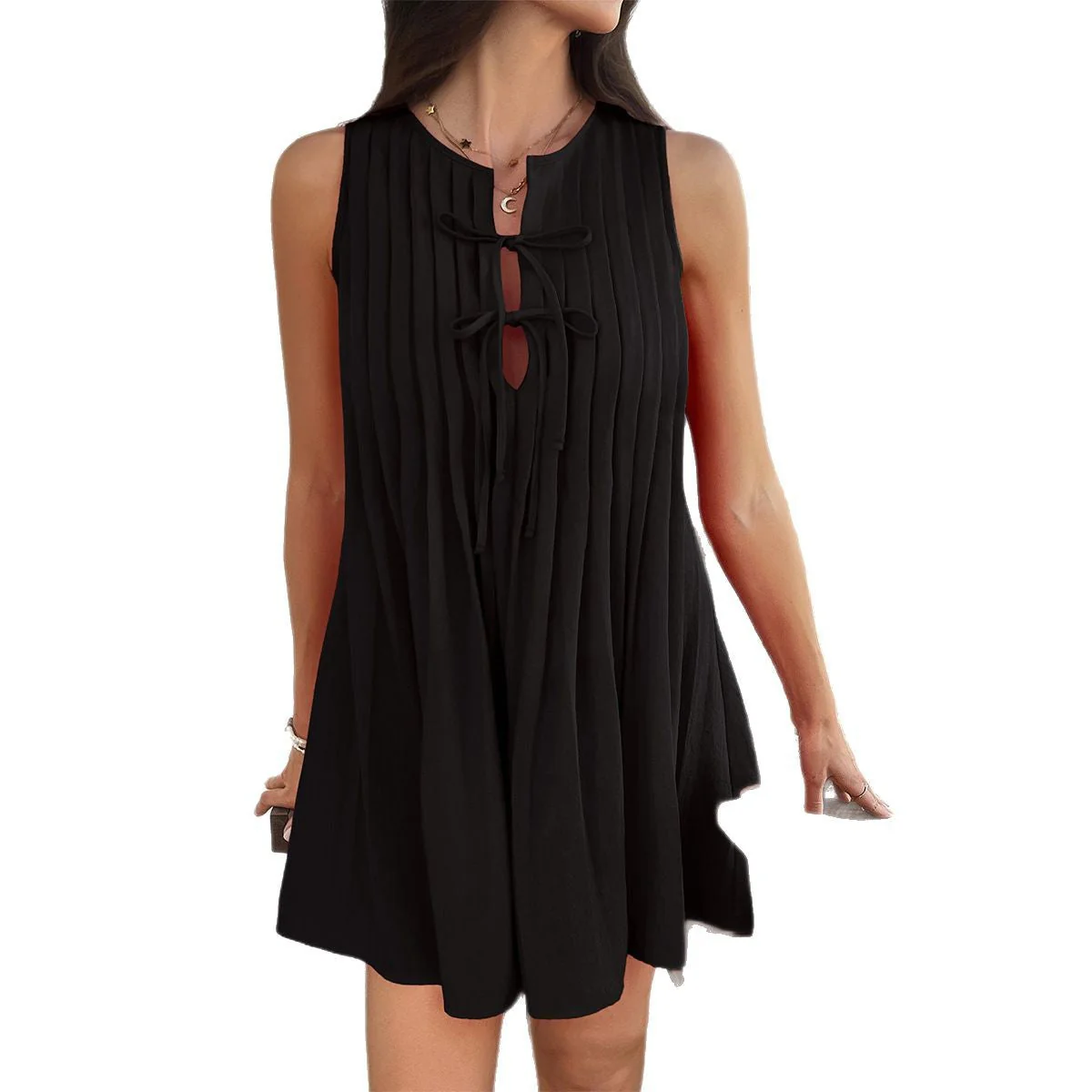 Damen Kurzes Ärmelloses Kleid mit Raffung und Dekorativem Schlüssel-Ausschnitt Heidi-Mode - Image 5