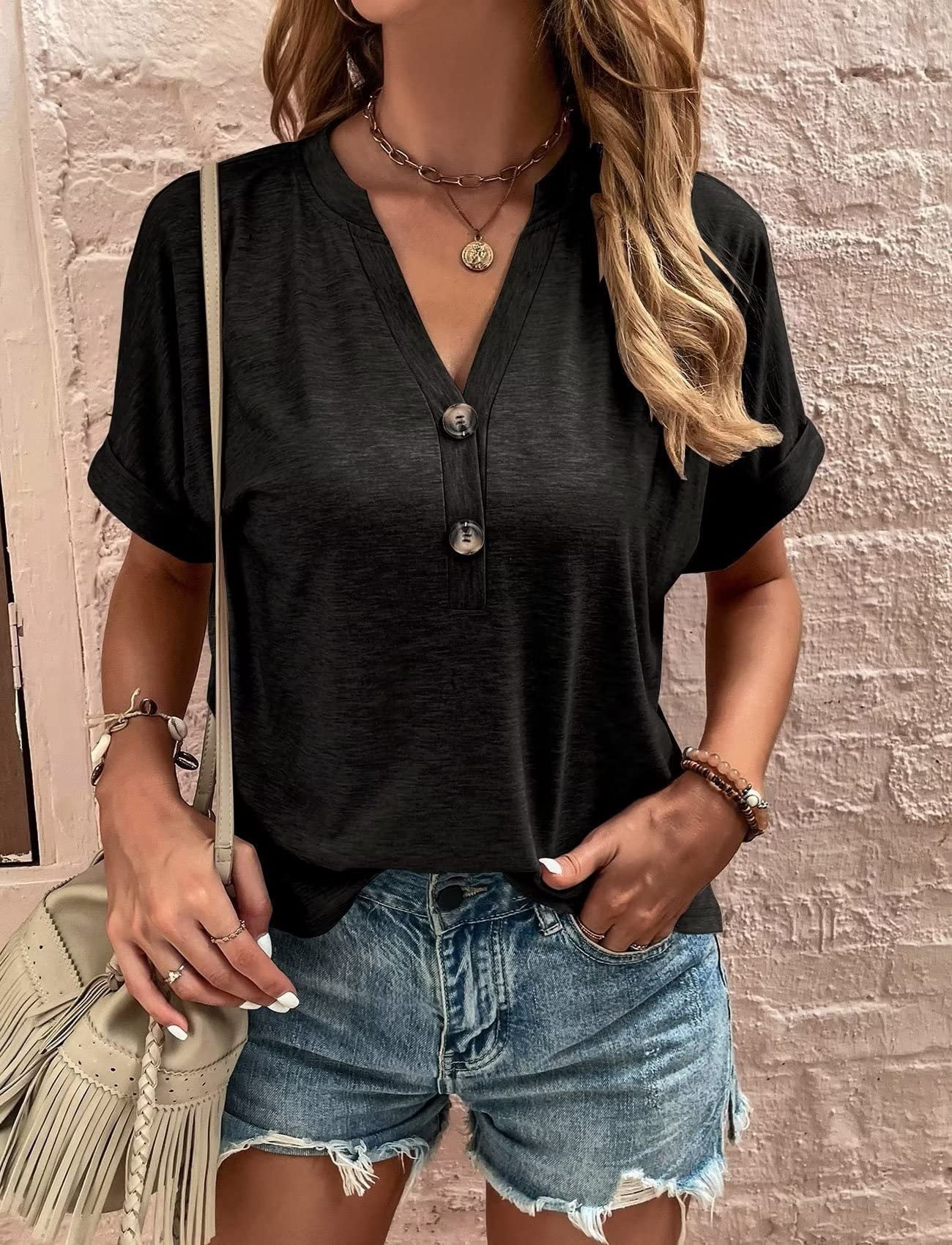 Damen Kurzes T-Shirt mit Knopfleiste und Lässigem Schnitt Heidi-Mode - Image 4