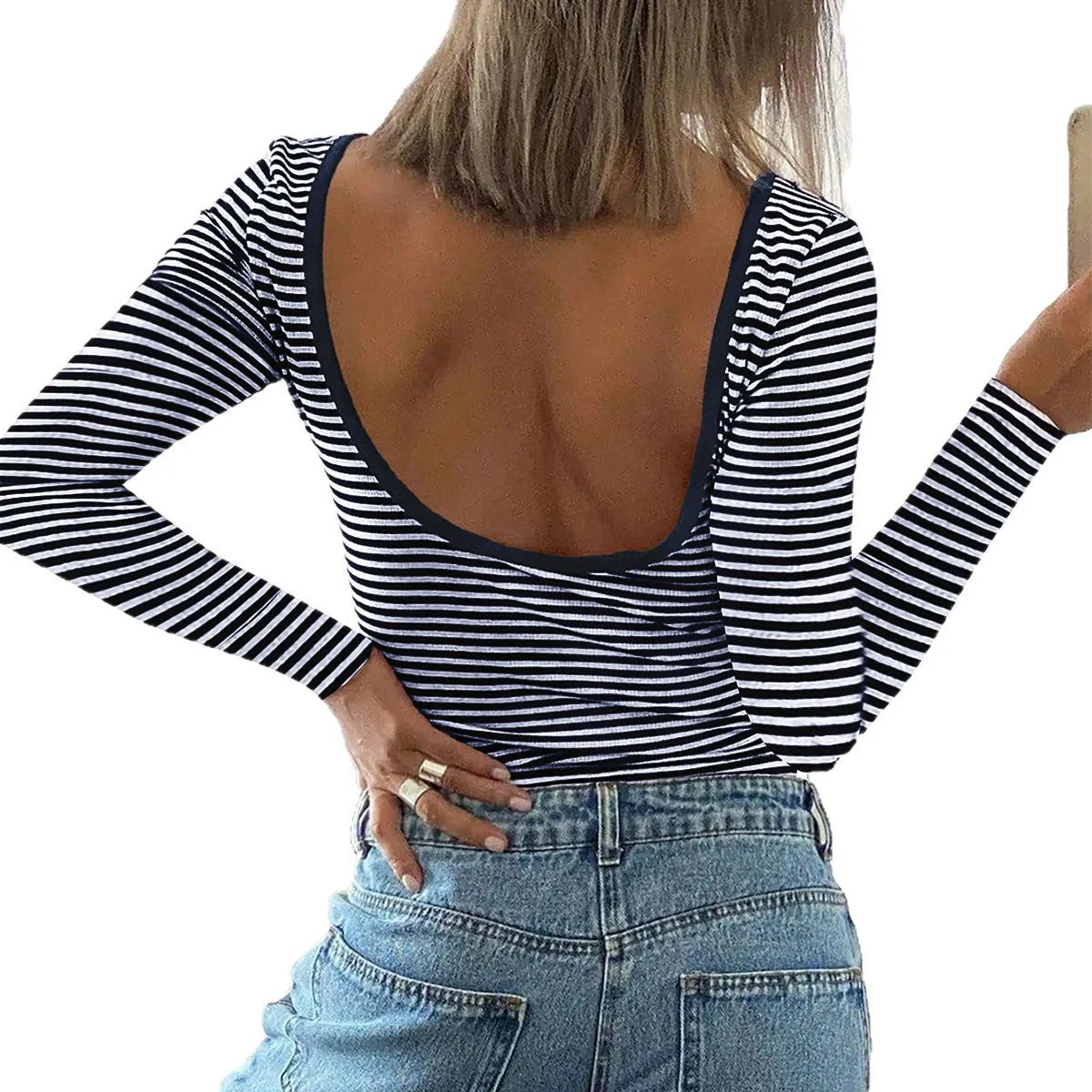 Damen Langarm-Body mit Tiefem Rückenausschnitt und Gestreiftem Design Heidi-Mode - Image 5