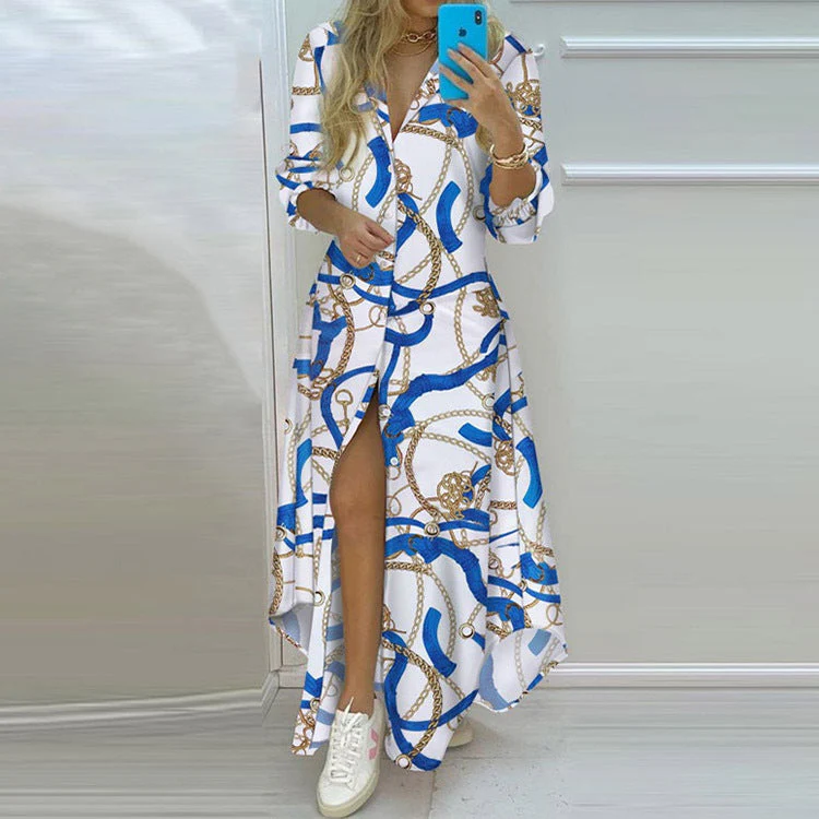 Damen Langarmhemdmaxikleid mit Grafischem Muster und Seitlichem Schlitz Heidi-Mode - Image 10