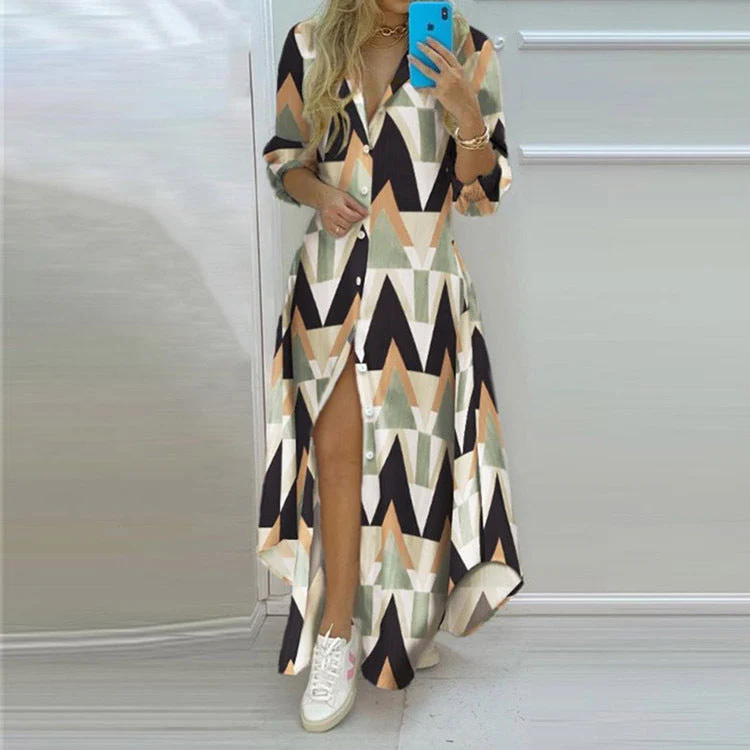 Damen Langarmhemdmaxikleid mit Grafischem Muster und Seitlichem Schlitz Heidi-Mode - Image 6