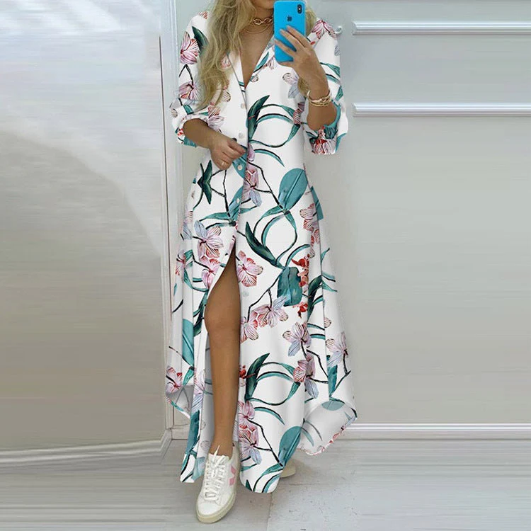 Damen Langarmhemdmaxikleid mit Grafischem Muster und Seitlichem Schlitz Heidi-Mode - Image 9