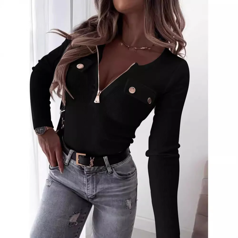 Damen Langarmshirt mit tiefem V-Ausschnitt und Reißverschluss Heidi-Mode - Image 3