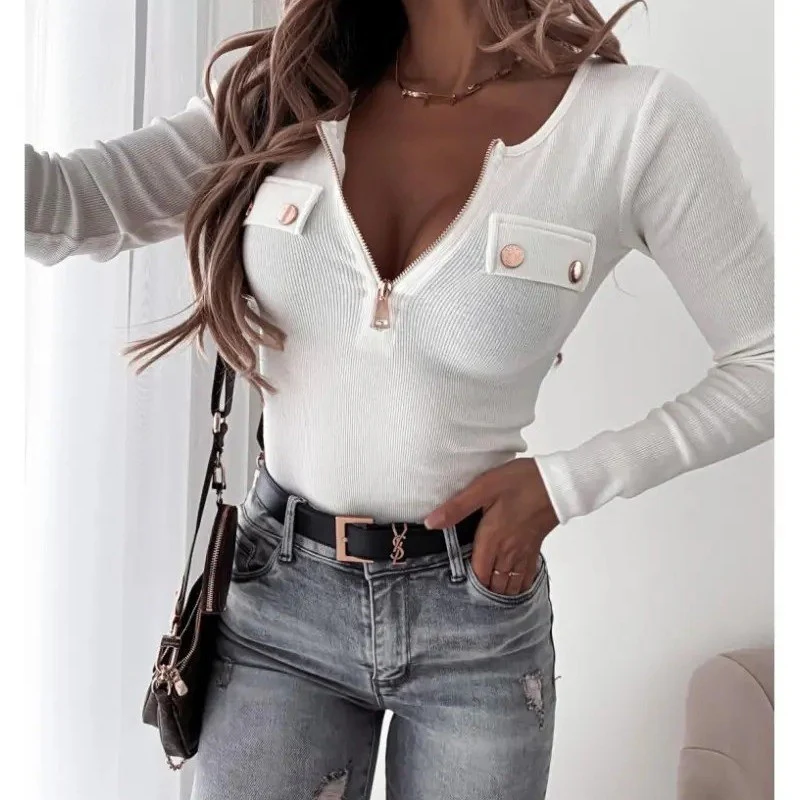 Damen Langarmshirt mit tiefem V-Ausschnitt und Reißverschluss Heidi-Mode - Image 4