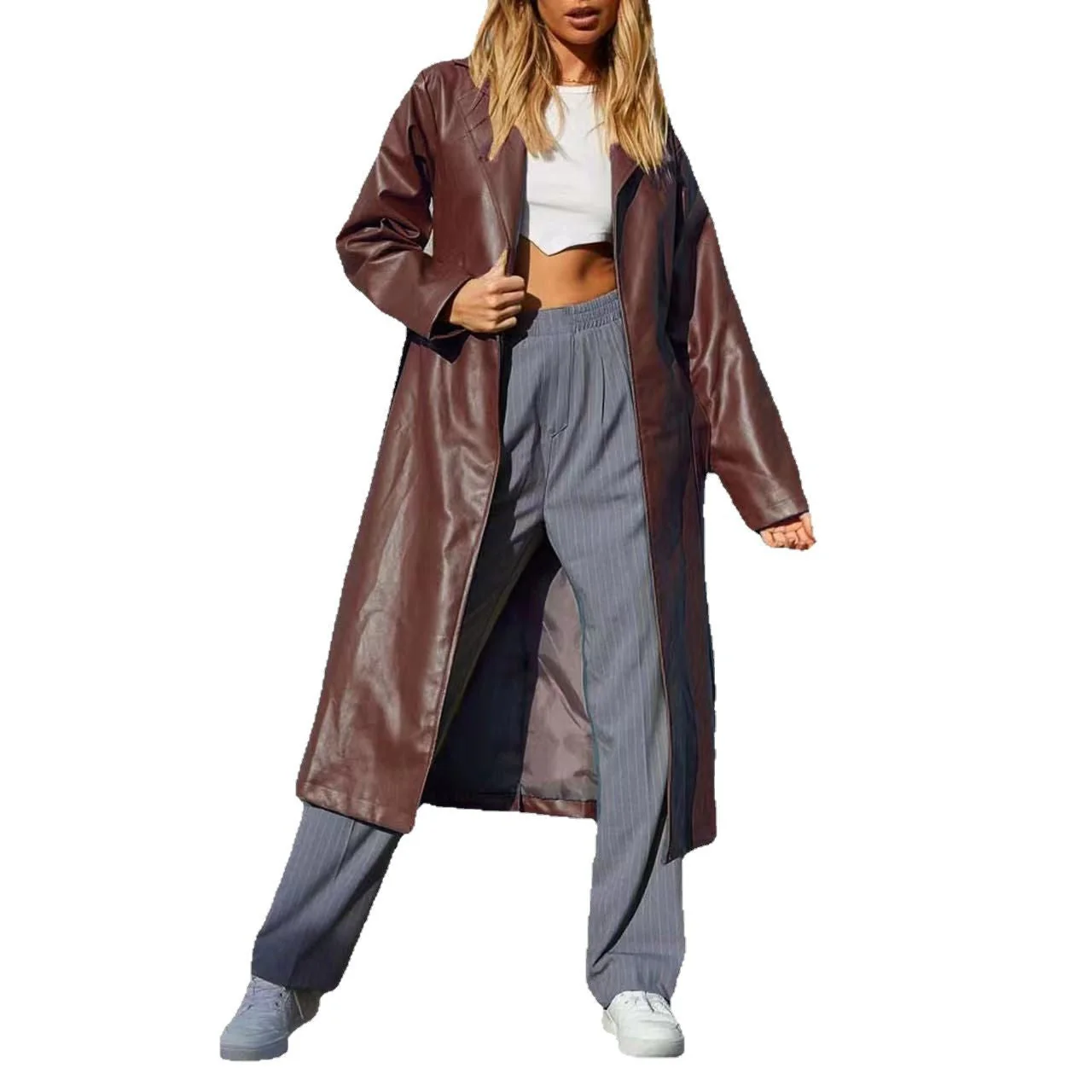 Damen Langer Eleganter Kunstleder-Mantel Heidi-Mode - Image 5