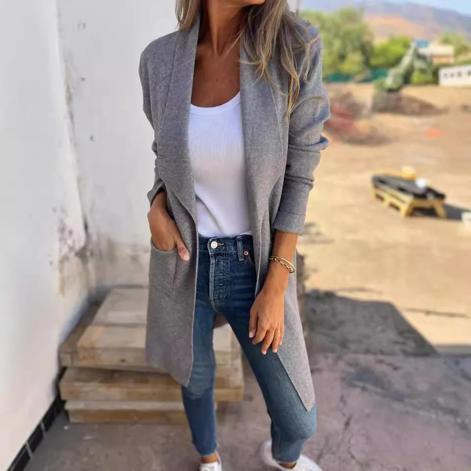 Damen Langer Strickcardigan mit offenen Kanten und Taschen Heidi-Mode - Image 5