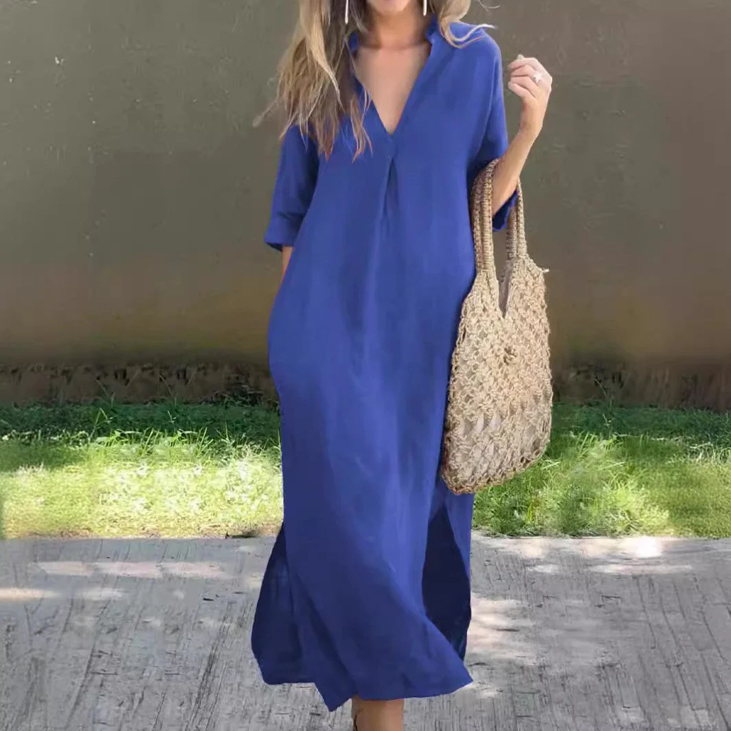 Damen Langes Leinenkleid mit V-Ausschnitt und Seitlichen Schlitzen Heidi-Mode - Image 3