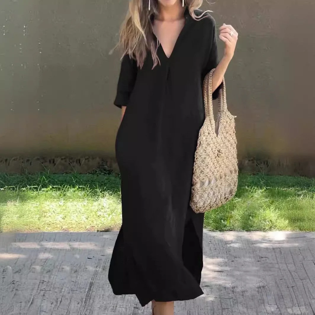 Damen Langes Leinenkleid mit V-Ausschnitt und Seitlichen Schlitzen Heidi-Mode - Image 4