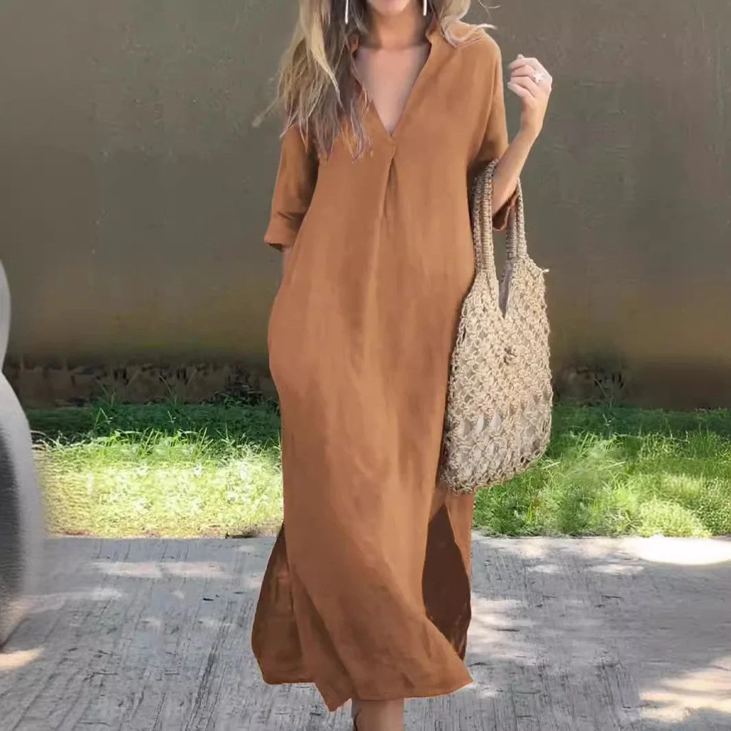 Damen Langes Leinenkleid mit V-Ausschnitt und Seitlichen Schlitzen Heidi-Mode - Image 8