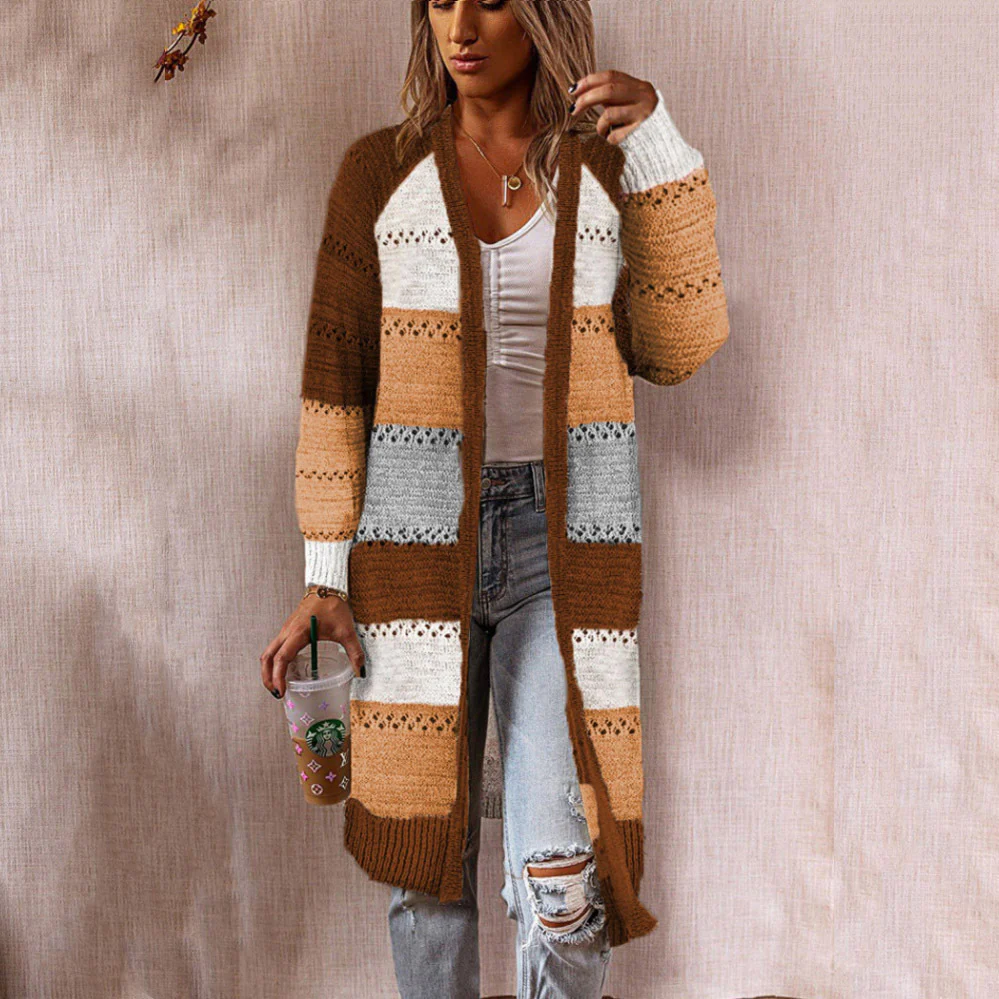 Damen Langstrickjacke mit modernem Streifenmuster und offenen Front Heidi-Mode - Image 10
