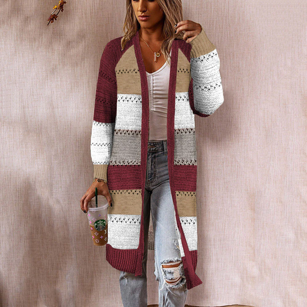 Damen Langstrickjacke mit modernem Streifenmuster und offenen Front Heidi-Mode - Image 11