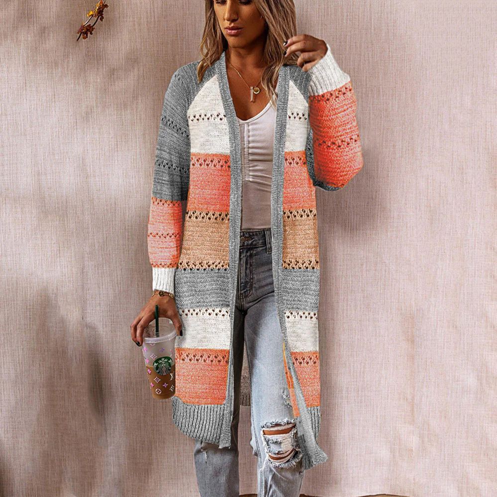 Damen Langstrickjacke mit modernem Streifenmuster und offenen Front Heidi-Mode - Image 3
