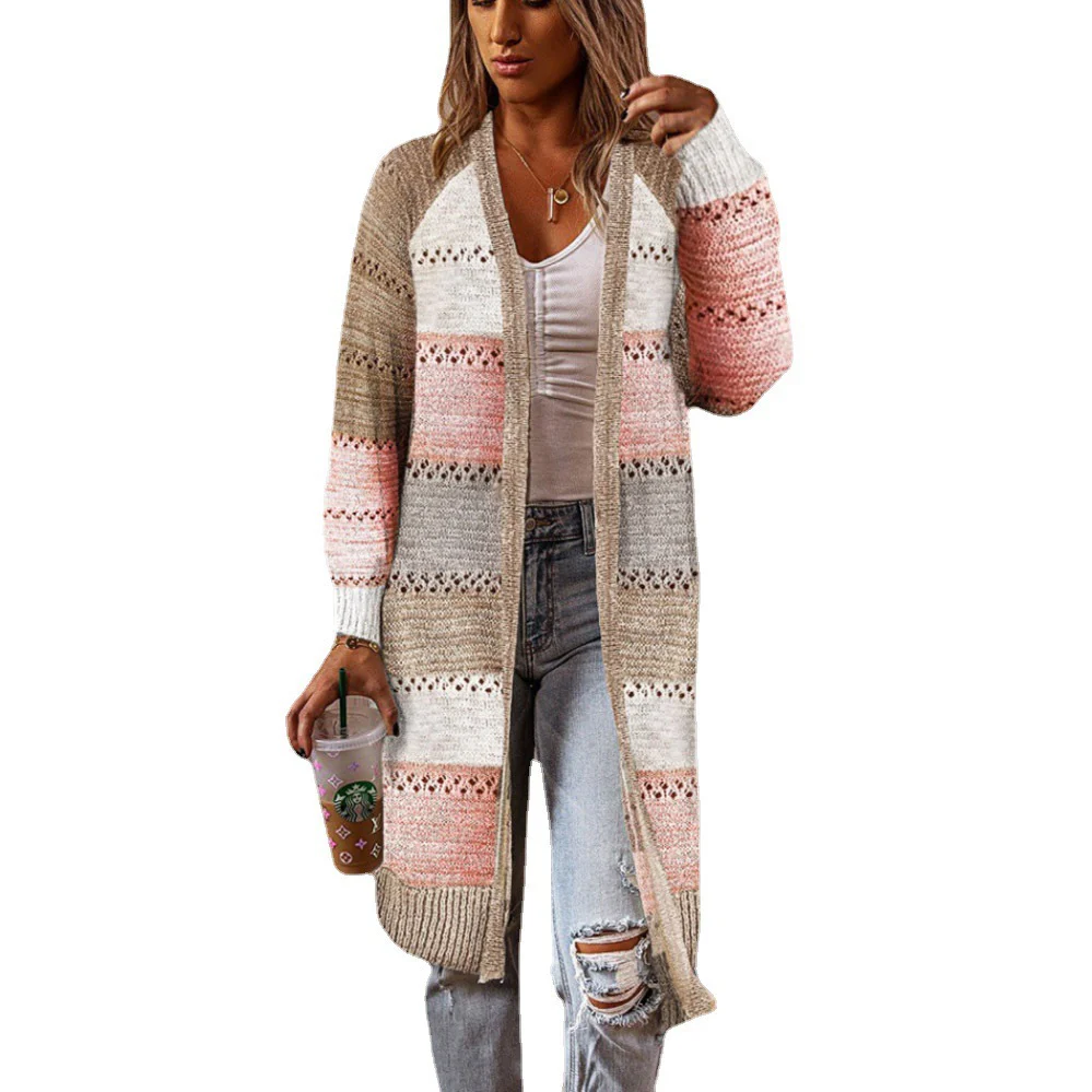 Damen Langstrickjacke mit modernem Streifenmuster und offenen Front Heidi-Mode - Image 7