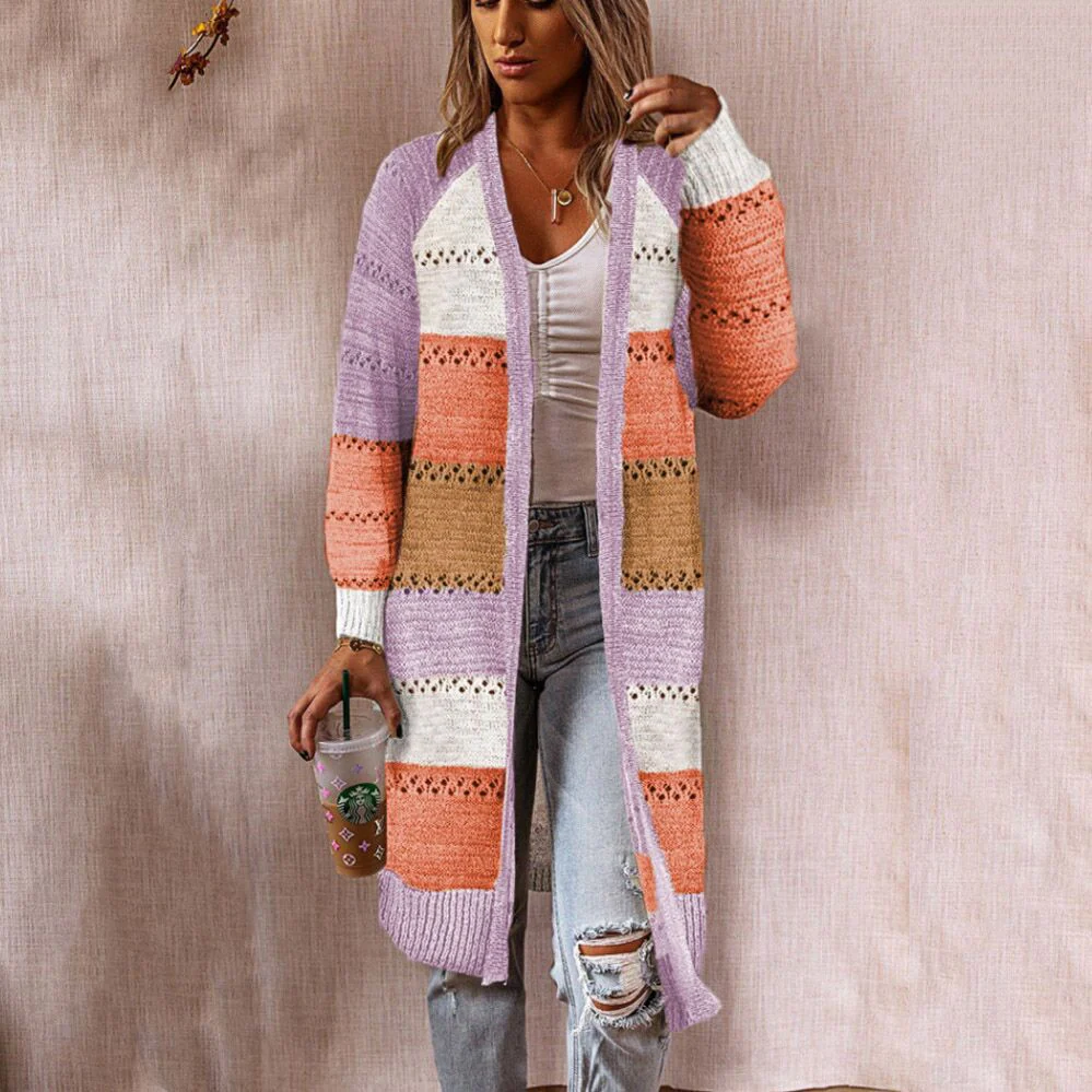 Damen Langstrickjacke mit modernem Streifenmuster und offenen Front Heidi-Mode - Image 8