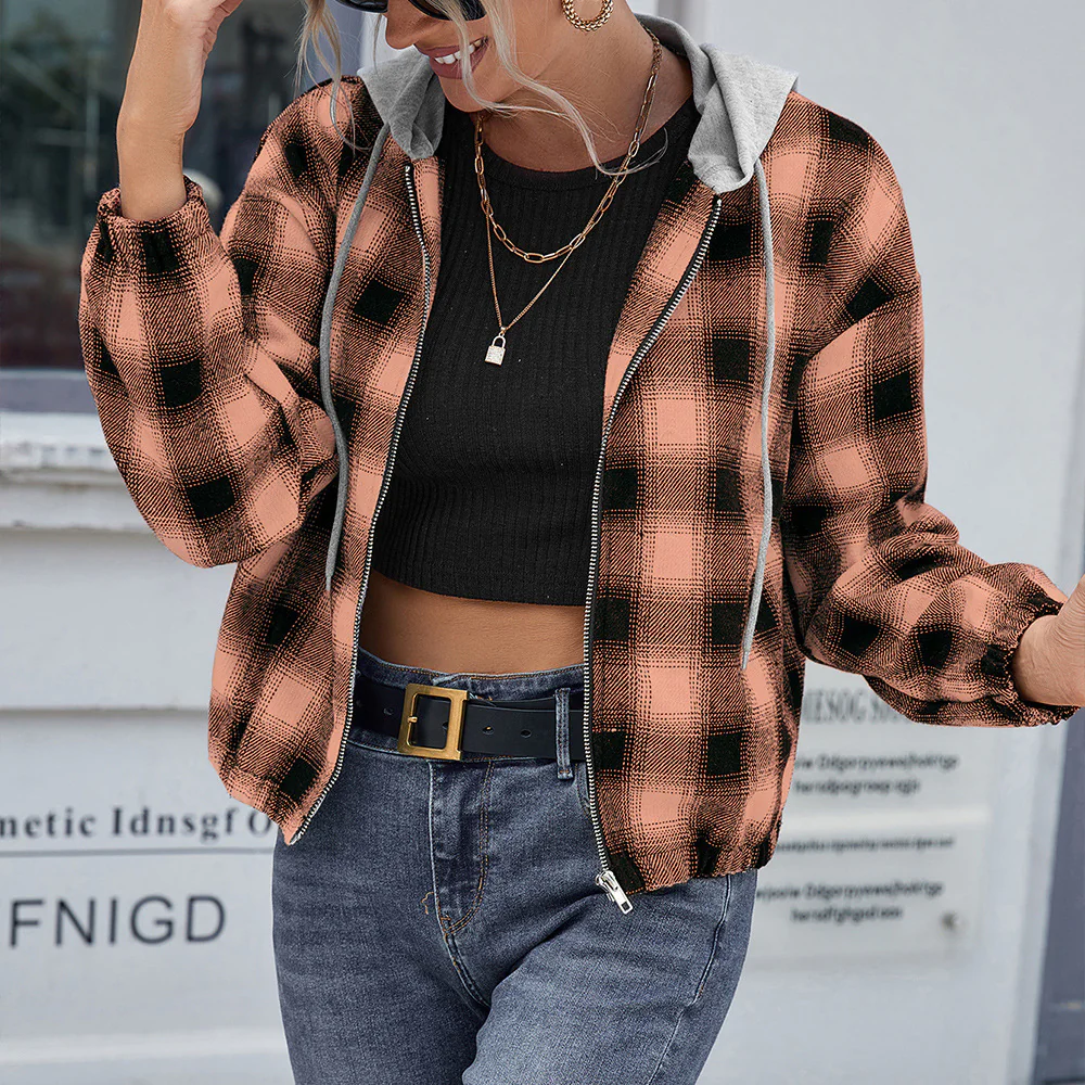 Damen lässige Baumwolljacke mit Karomuster und Kapuze Heidi-Mode - Image 3