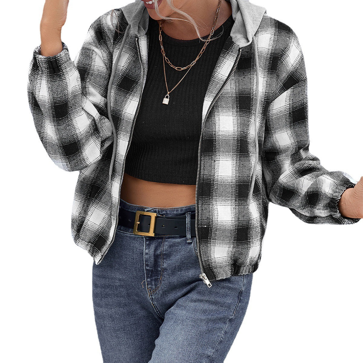 Damen lässige Baumwolljacke mit Karomuster und Kapuze Heidi-Mode - Image 5