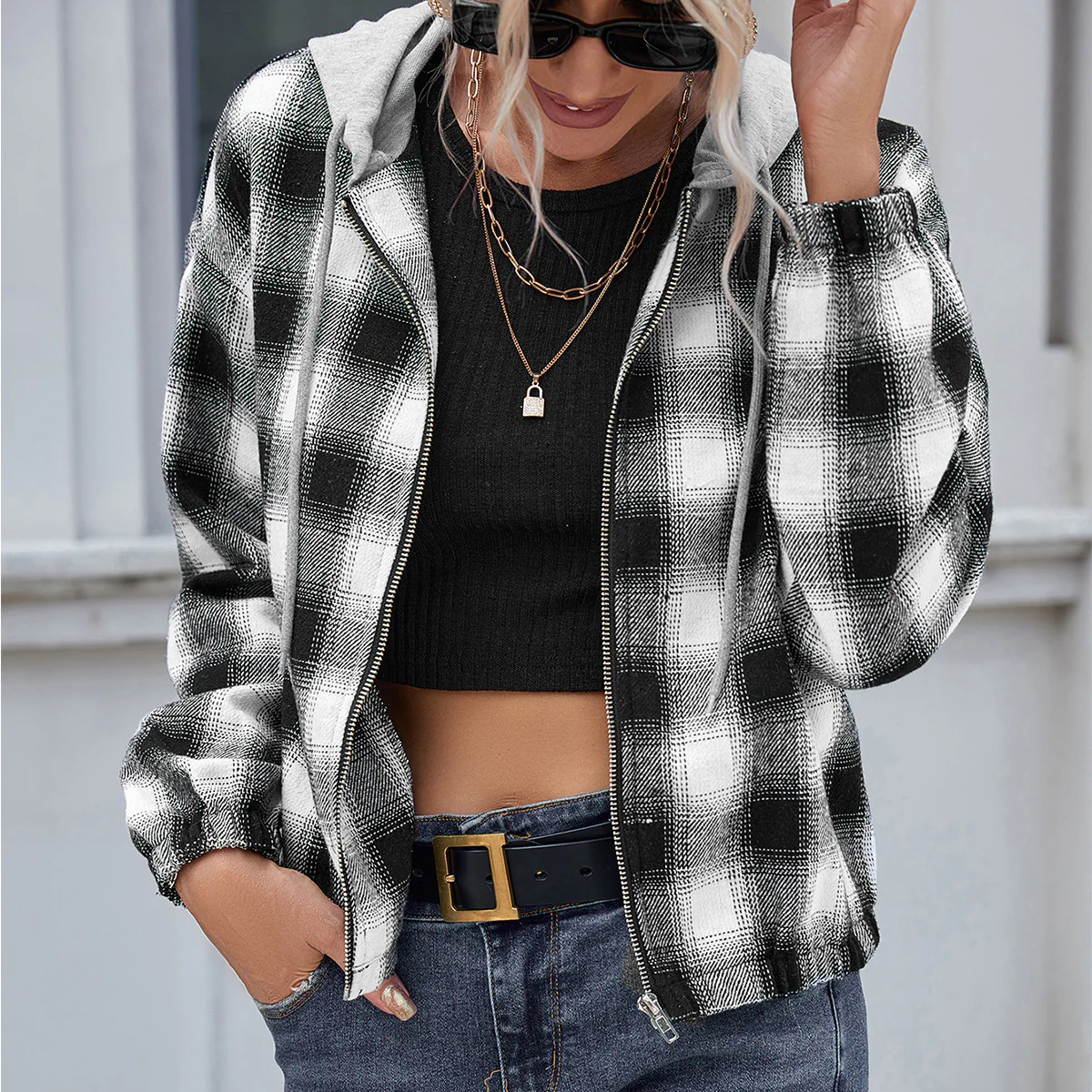 Damen lässige Baumwolljacke mit Karomuster und Kapuze Heidi-Mode - Image 6