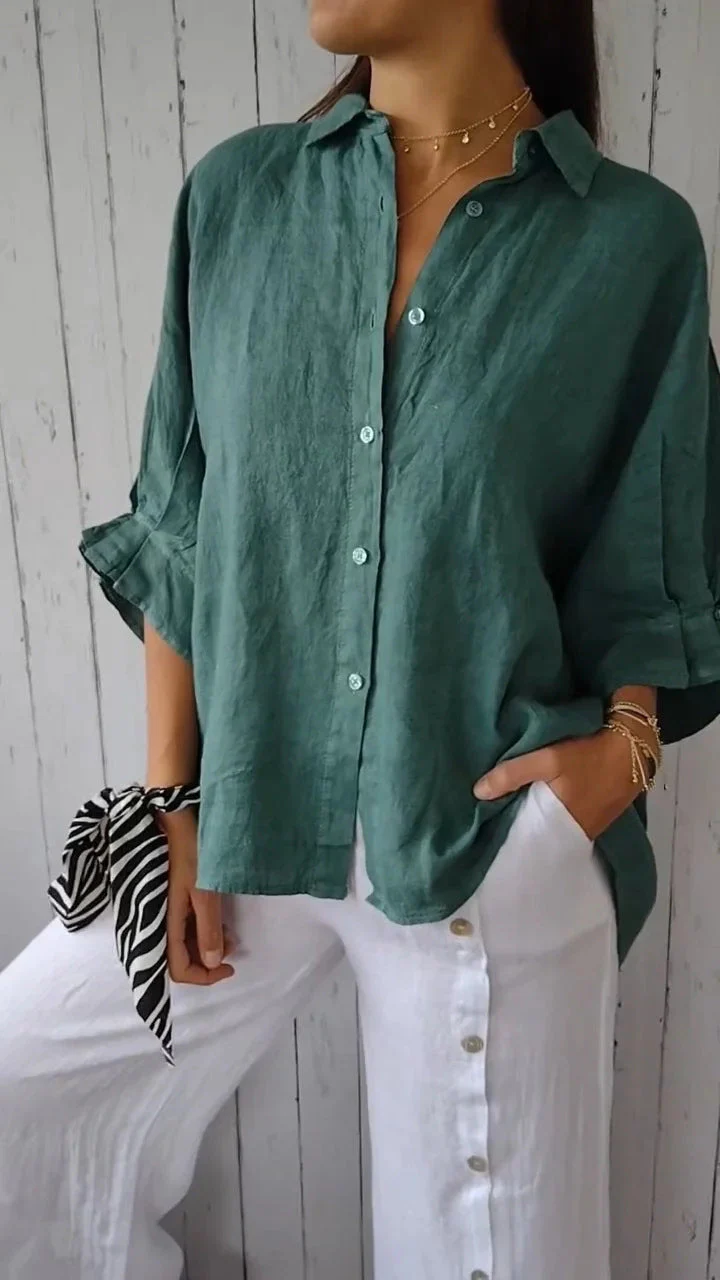Damen Lässige Bluse Aus Leinen mit Knopfleiste und Seitlichen Taschen Heidi-Mode - Image 11