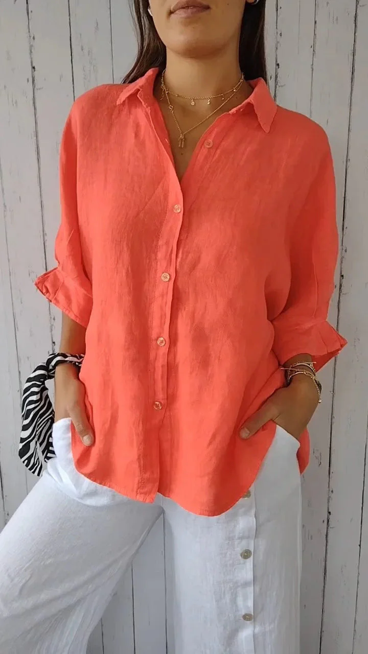 Damen Lässige Bluse Aus Leinen mit Knopfleiste und Seitlichen Taschen Heidi-Mode - Image 12