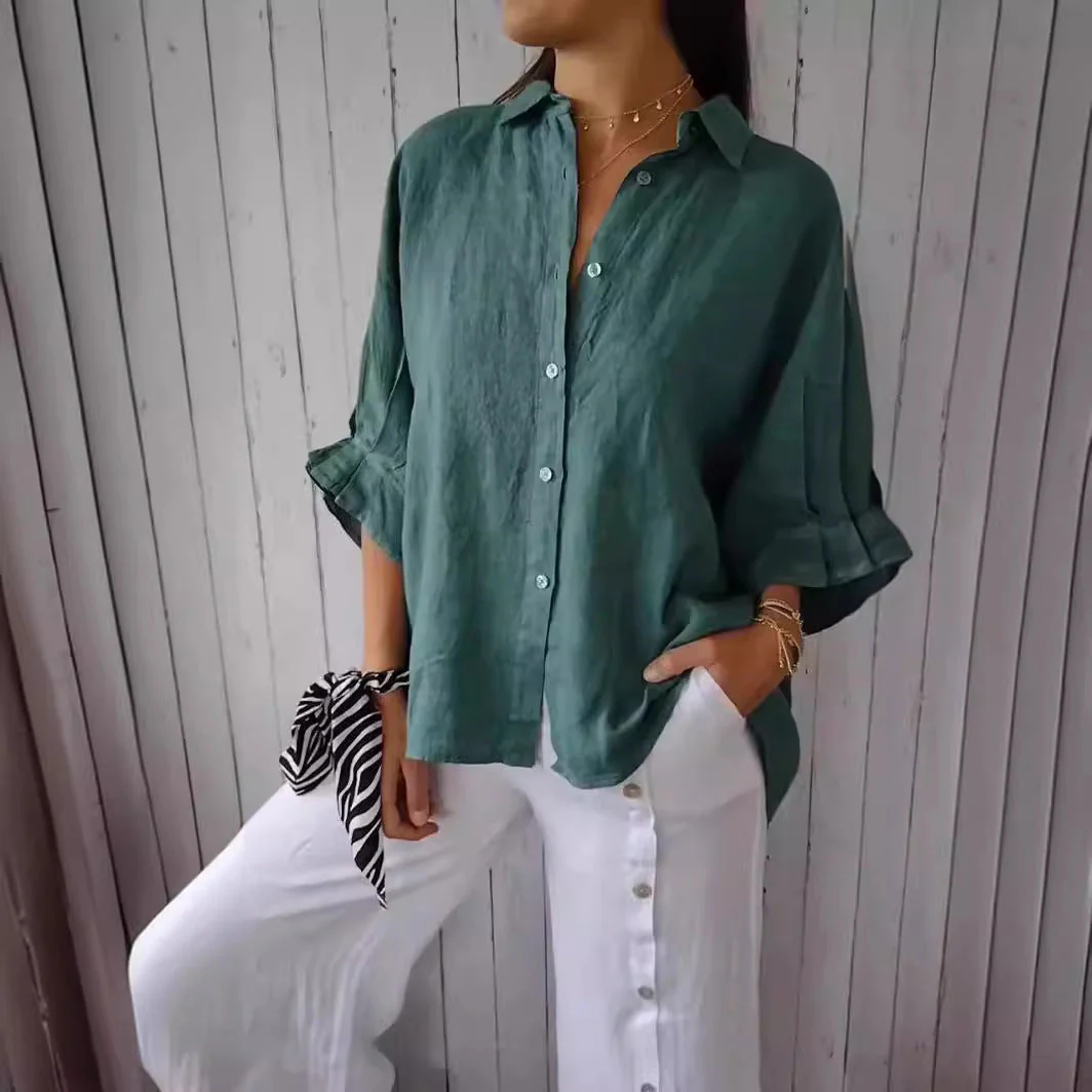 Damen Lässige Bluse Aus Leinen mit Knopfleiste und Seitlichen Taschen Heidi-Mode - Image 3