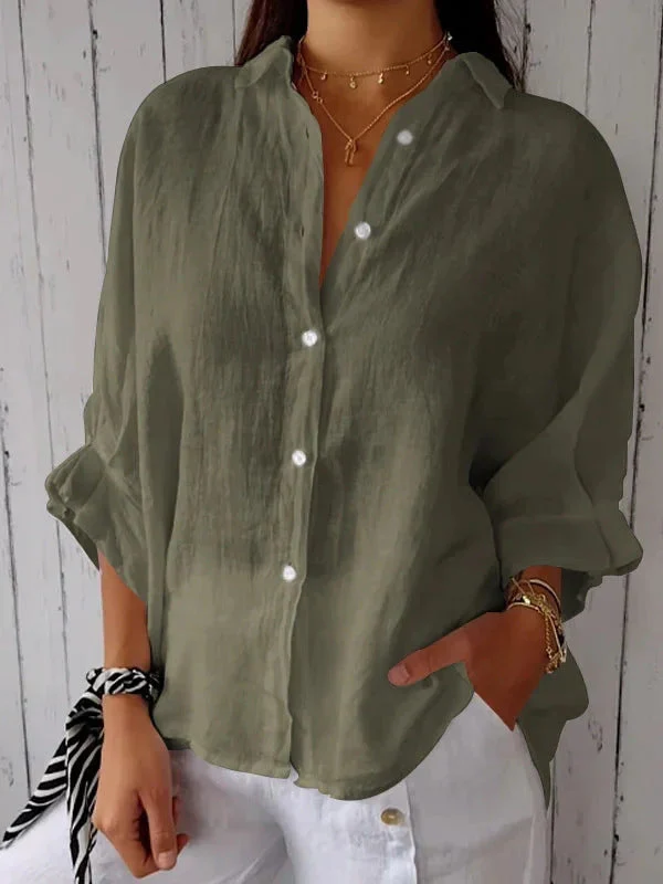 Damen Lässige Bluse Aus Leinen mit Knopfleiste und Seitlichen Taschen Heidi-Mode - Image 7