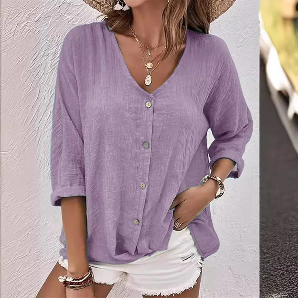 Damen Lässige Bluse mit Knopfleiste und V-Ausschnitt Heidi-Mode - Image 3