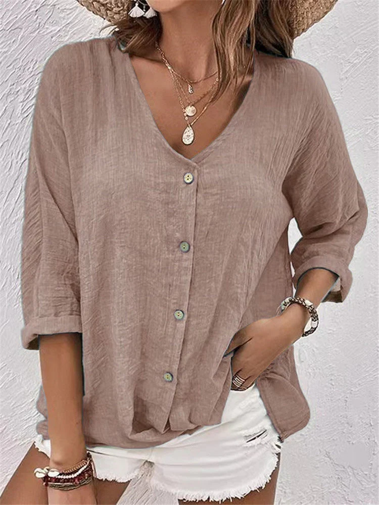 Damen Lässige Bluse mit Knopfleiste und V-Ausschnitt Heidi-Mode - Image 6
