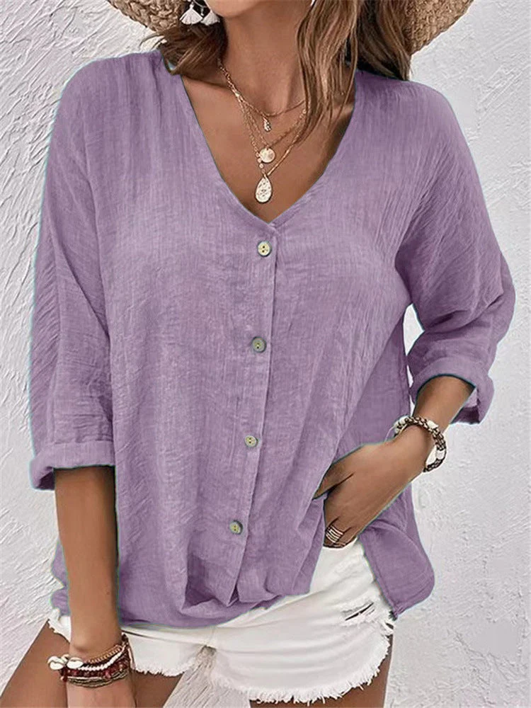 Damen Lässige Bluse mit Knopfleiste und V-Ausschnitt Heidi-Mode - Image 7