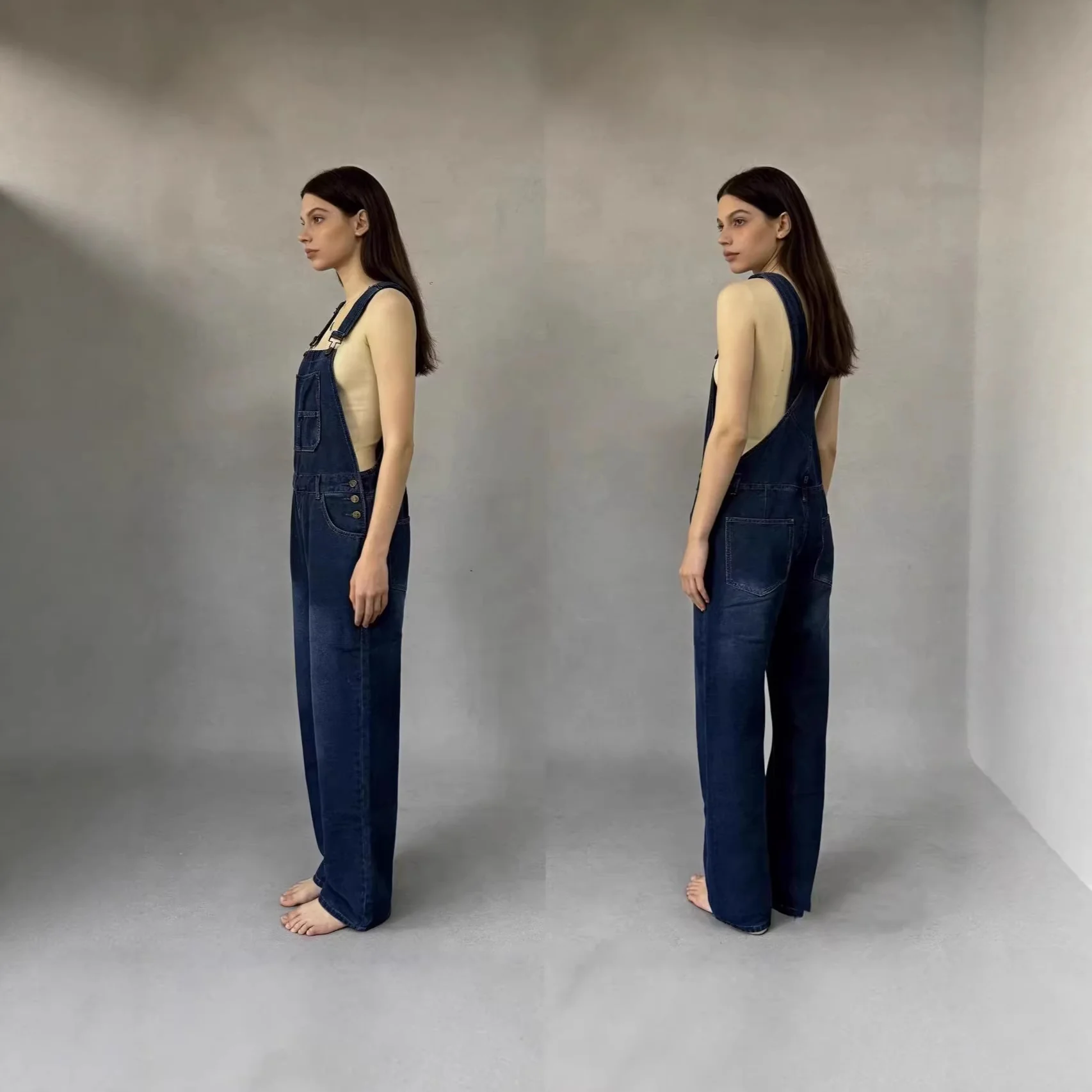 Damen Jeans Latzhose mit weitem Bein und tiefem Rückenausschnitt - Image 4